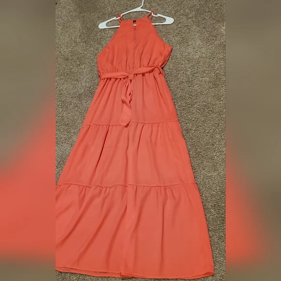 NWOT Bright Coral Sleeveless Flowy Maxi Dress With Tie - Picture 2 of 6